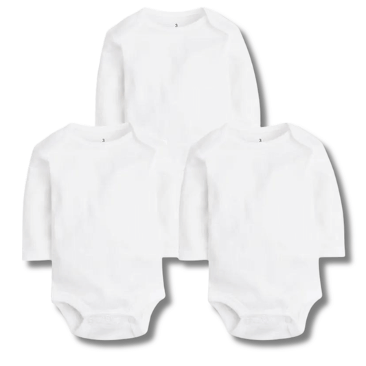 Kit body bebê 3 peças manga longa unissex branco